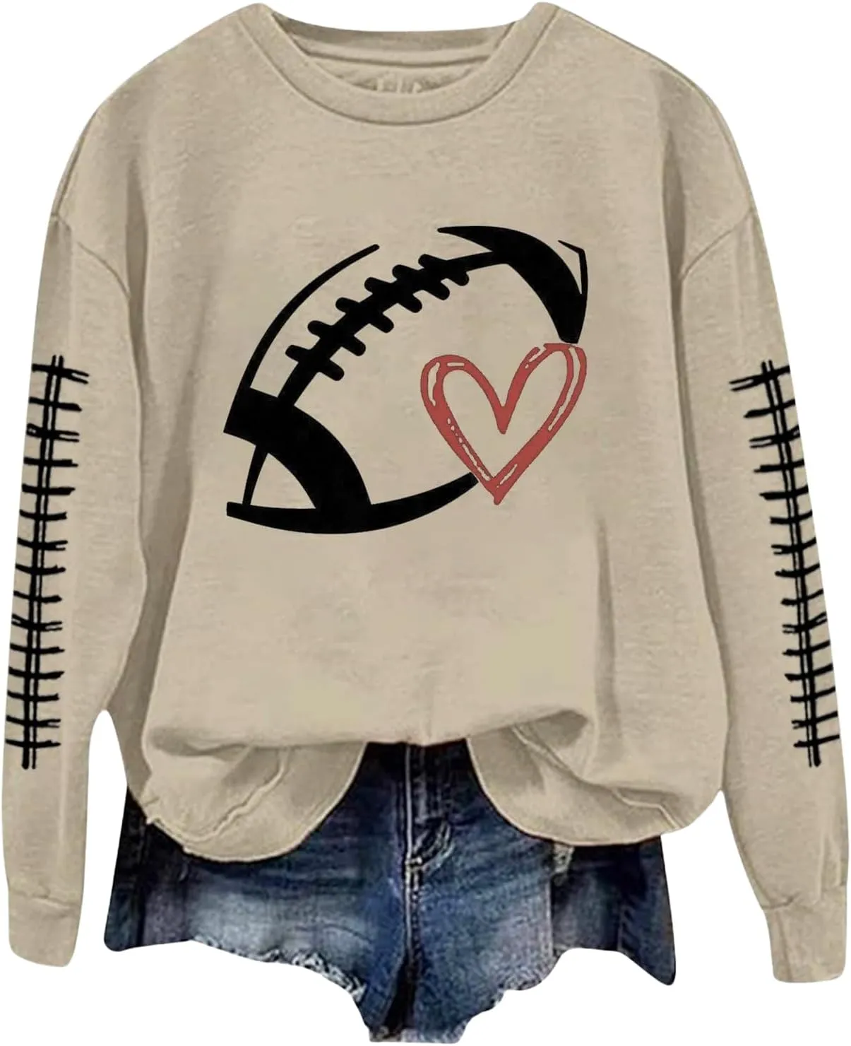 Game Day Shirts Women Heart Football Printed Lightweight Crewneck Long Sleeve Pullover Graphic Hoodies Mom Shirts
