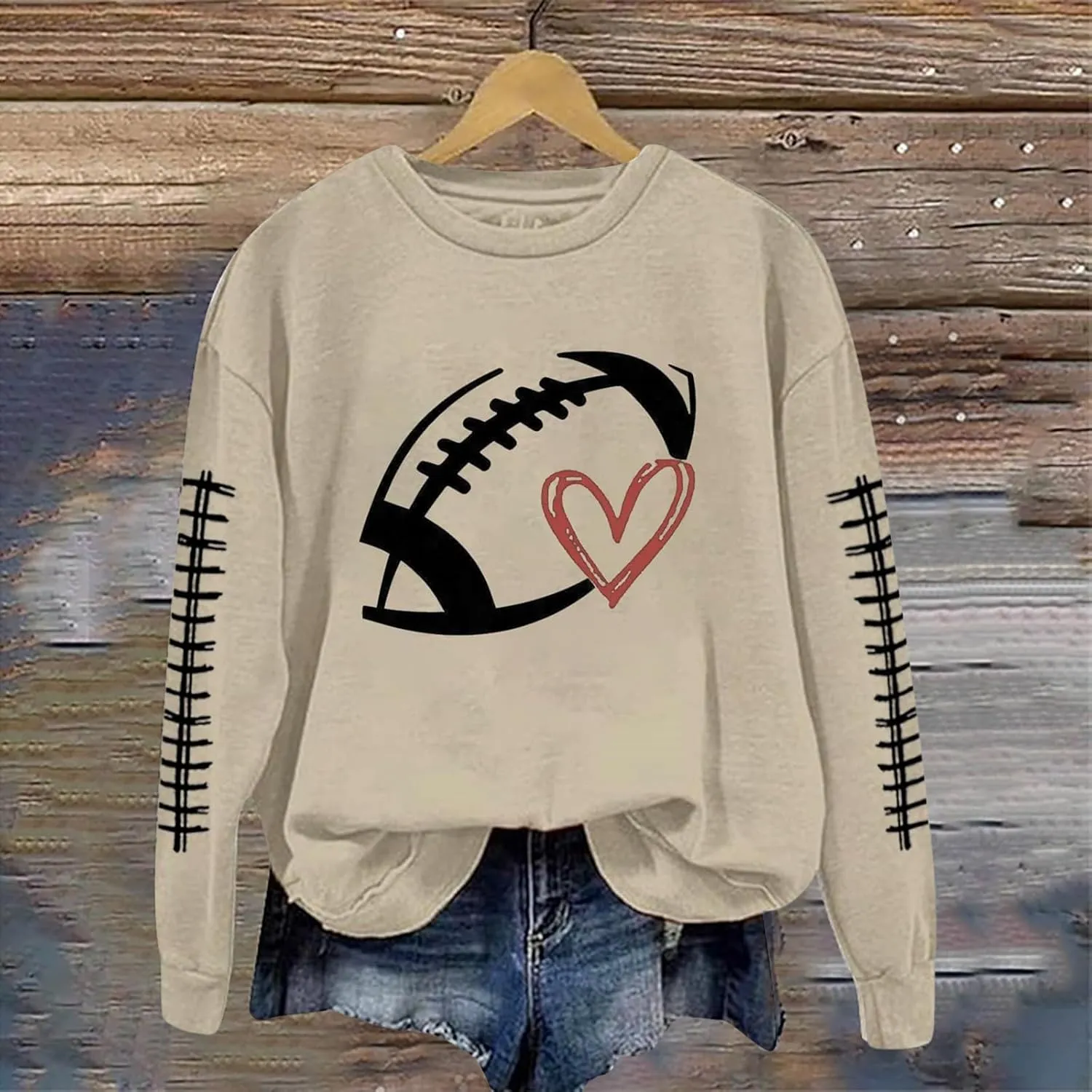 Game Day Shirts Women Heart Football Printed Lightweight Crewneck Long Sleeve Pullover Graphic Hoodies Mom Shirts