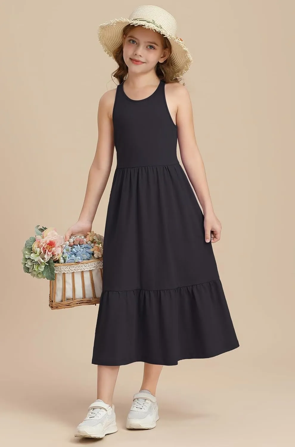 Girls Summer Maxi Dress Sleeveless Back Detailed Tiered Sundress with Pockets 5-12 Years