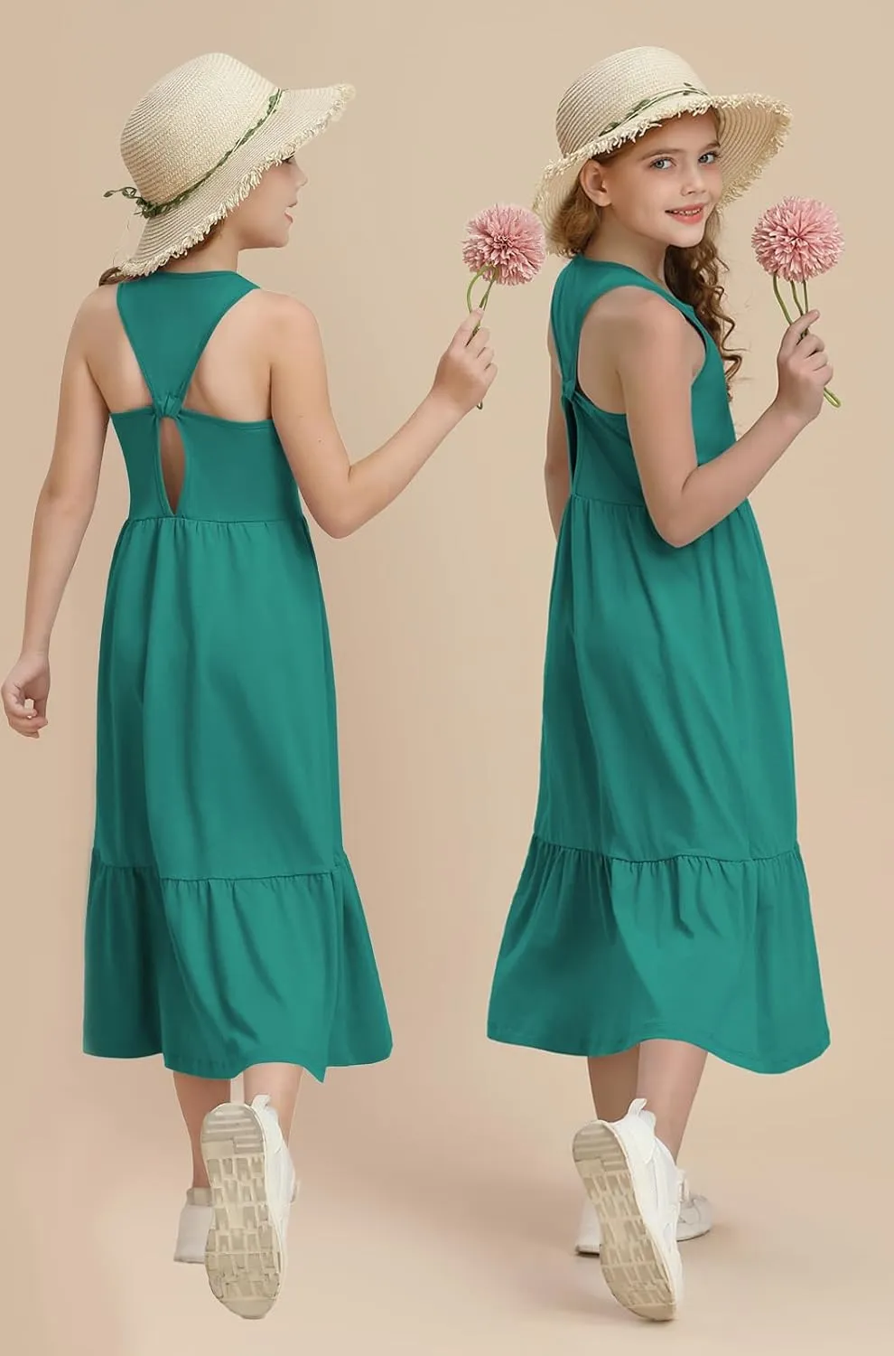 Girls Summer Maxi Dress Sleeveless Back Detailed Tiered Sundress with Pockets 5-12 Years