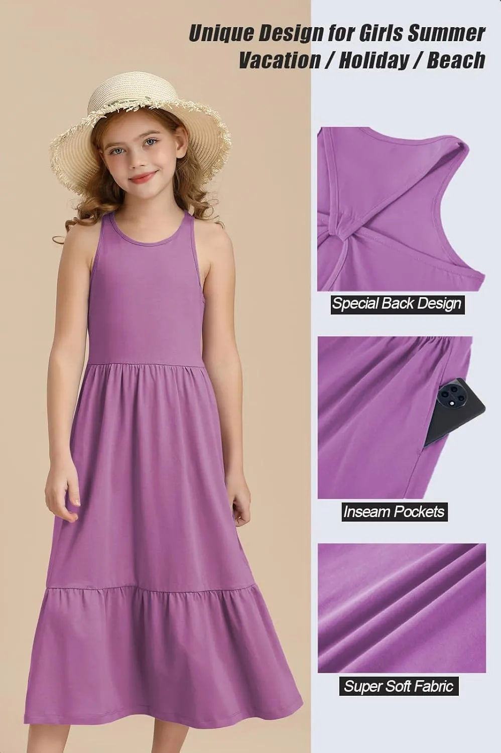 Girls Summer Maxi Dress Sleeveless Back Detailed Tiered Sundress with Pockets 5-12 Years
