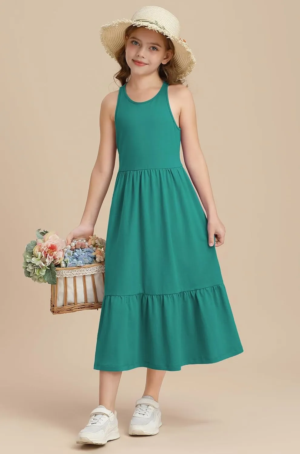 Girls Summer Maxi Dress Sleeveless Back Detailed Tiered Sundress with Pockets 5-12 Years