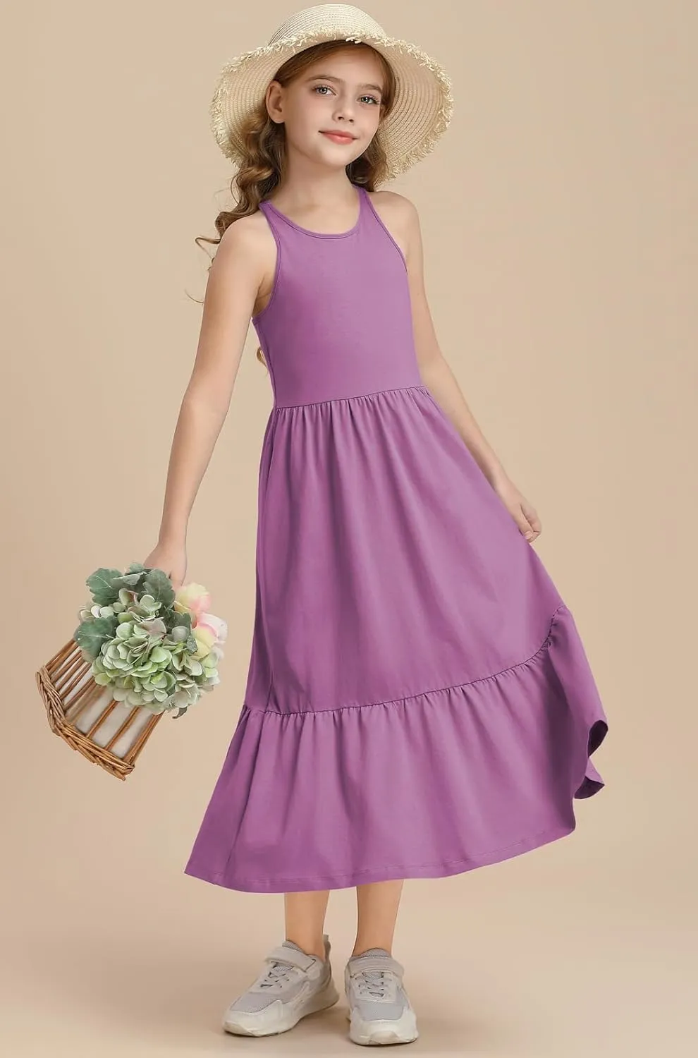 Girls Summer Maxi Dress Sleeveless Back Detailed Tiered Sundress with Pockets 5-12 Years