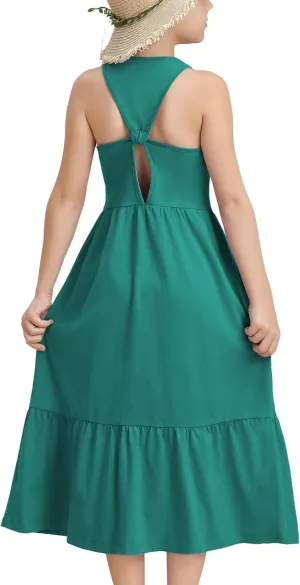 Girls Summer Maxi Dress Sleeveless Back Detailed Tiered Sundress with Pockets 5-12 Years