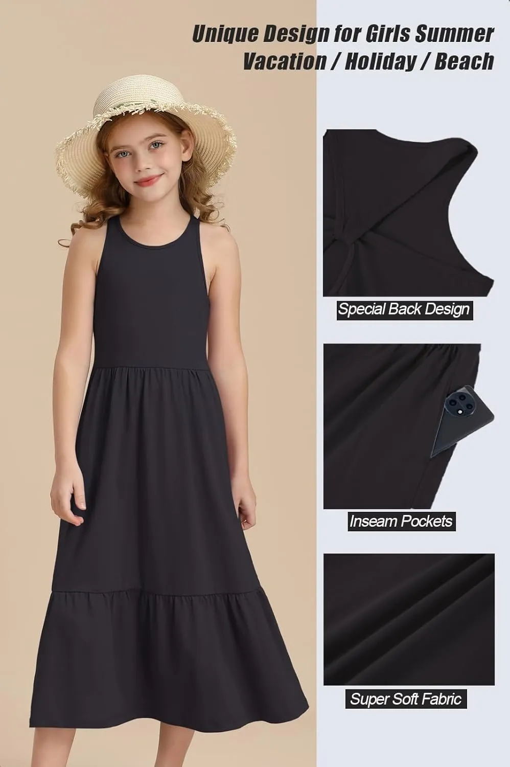 Girls Summer Maxi Dress Sleeveless Back Detailed Tiered Sundress with Pockets 5-12 Years
