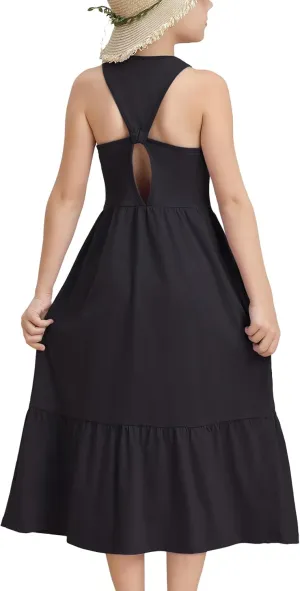 Girls Summer Maxi Dress Sleeveless Back Detailed Tiered Sundress with Pockets 5-12 Years