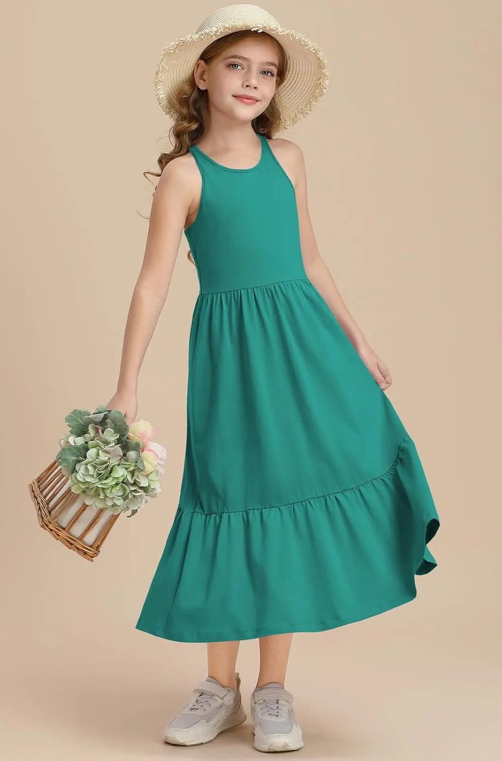 Girls Summer Maxi Dress Sleeveless Back Detailed Tiered Sundress with Pockets 5-12 Years