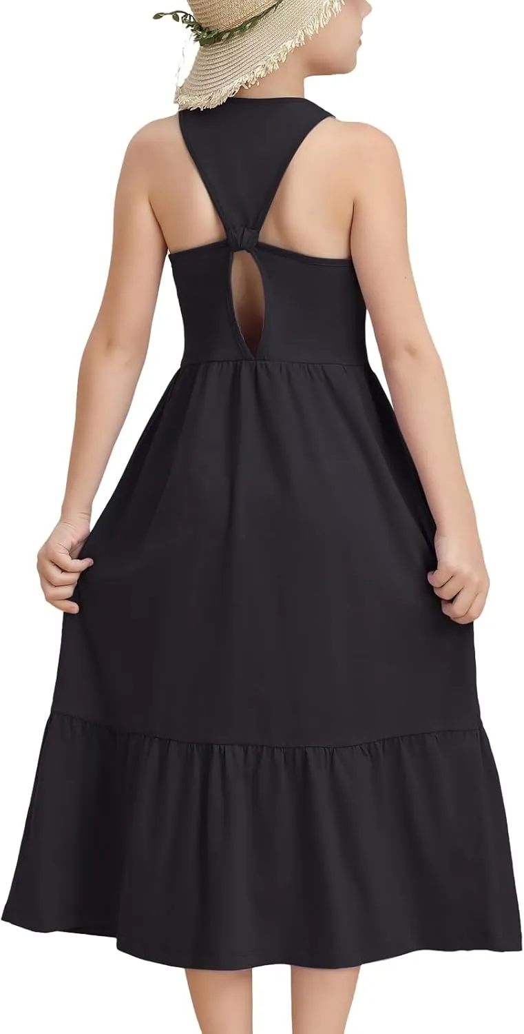 Girls Summer Maxi Dress Sleeveless Back Detailed Tiered Sundress with Pockets 5-12 Years
