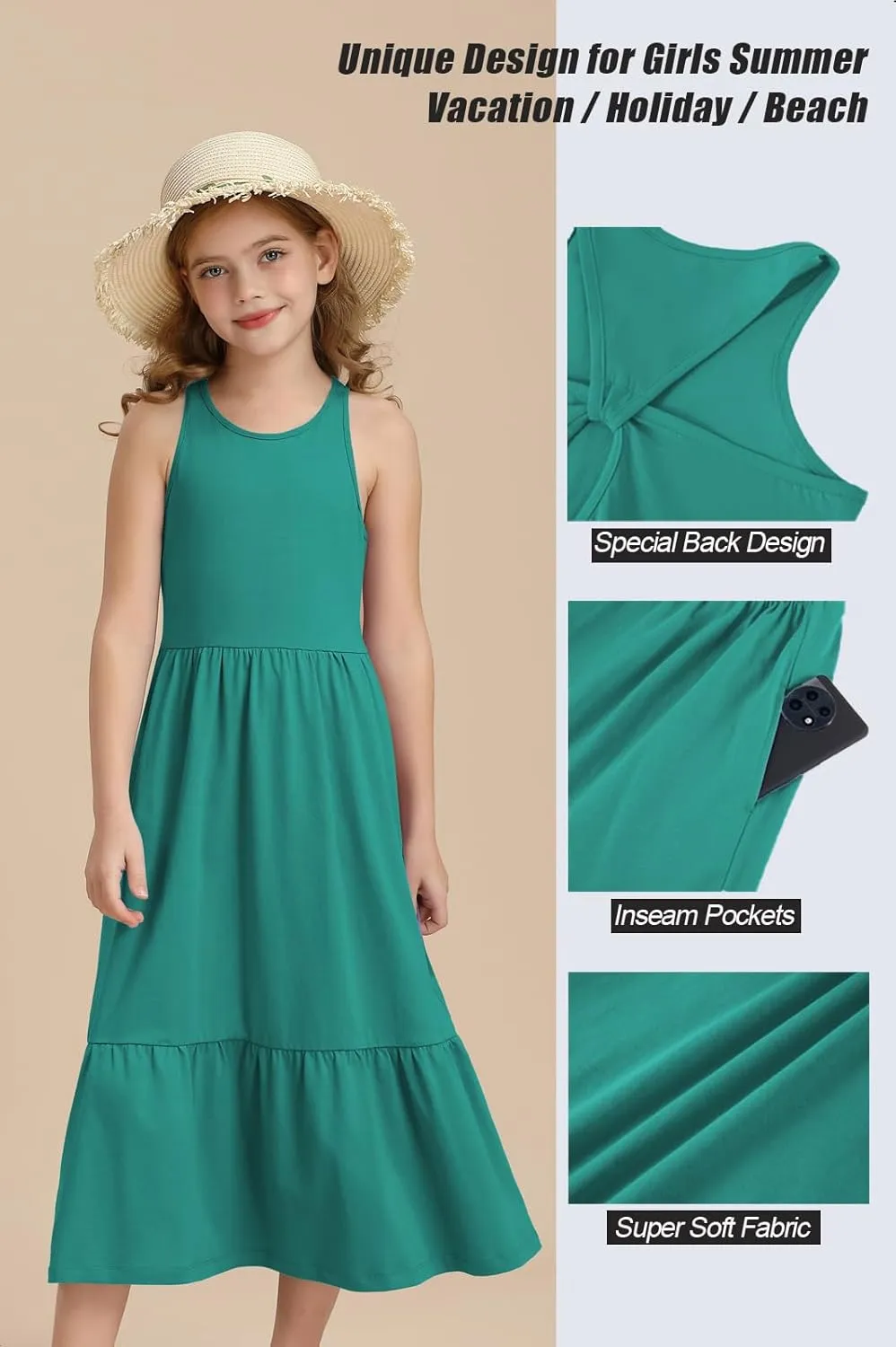 Girls Summer Maxi Dress Sleeveless Back Detailed Tiered Sundress with Pockets 5-12 Years