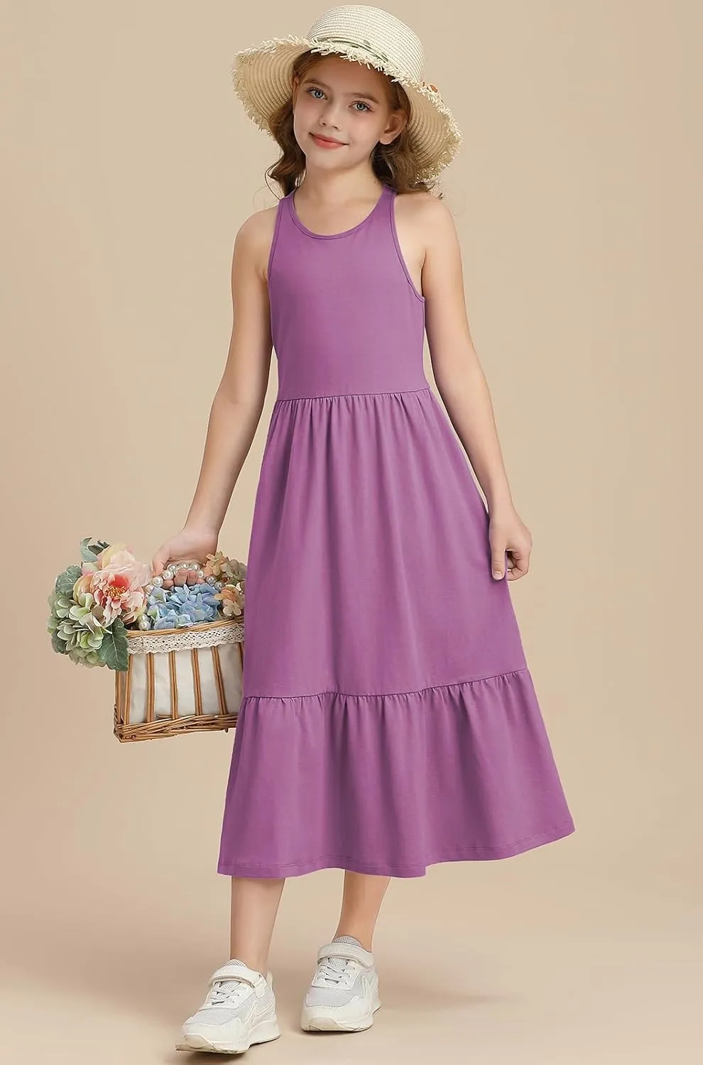 Girls Summer Maxi Dress Sleeveless Back Detailed Tiered Sundress with Pockets 5-12 Years