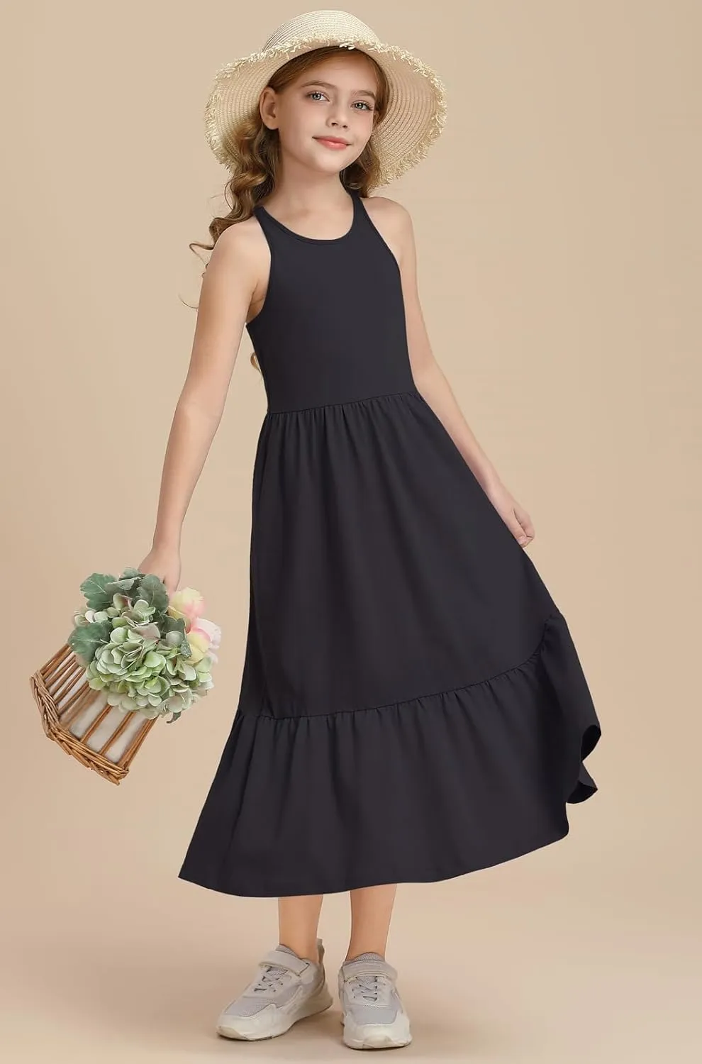 Girls Summer Maxi Dress Sleeveless Back Detailed Tiered Sundress with Pockets 5-12 Years