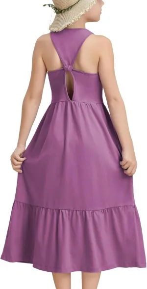 Girls Summer Maxi Dress Sleeveless Back Detailed Tiered Sundress with Pockets 5-12 Years