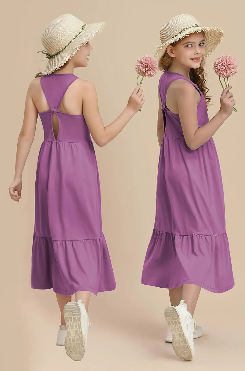 Girls Summer Maxi Dress Sleeveless Back Detailed Tiered Sundress with Pockets 5-12 Years