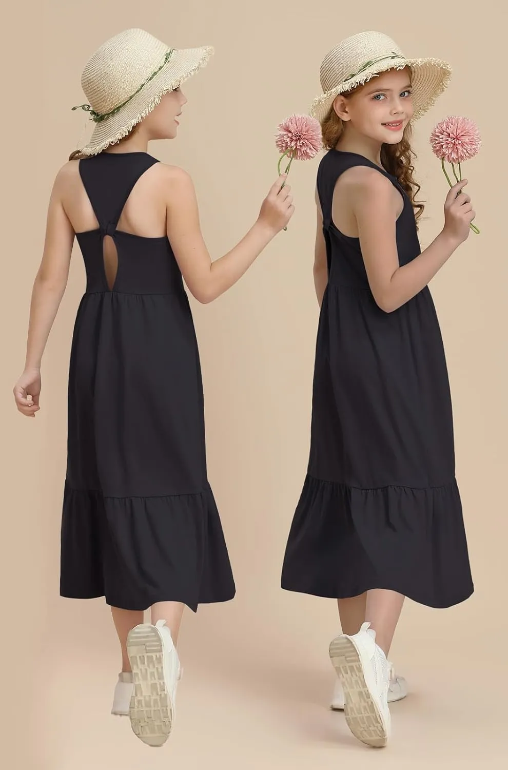 Girls Summer Maxi Dress Sleeveless Back Detailed Tiered Sundress with Pockets 5-12 Years