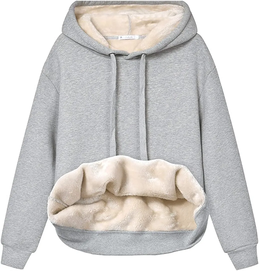 Gnveub Women's Casual Winter Warm Fleece Sherpa Lined Hooded Sweatshirt Thick Pullover Plus with Pockets