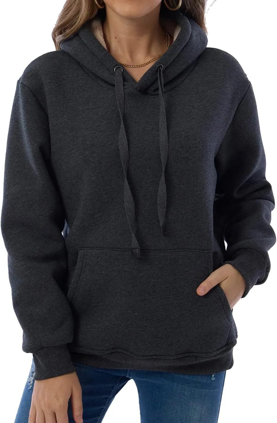Gnveub Women's Casual Winter Warm Fleece Sherpa Lined Hooded Sweatshirt Thick Pullover Plus with Pockets