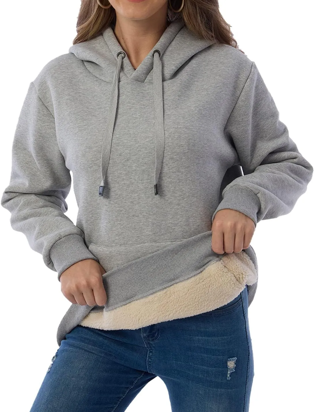 Gnveub Women's Casual Winter Warm Fleece Sherpa Lined Hooded Sweatshirt Thick Pullover Plus with Pockets