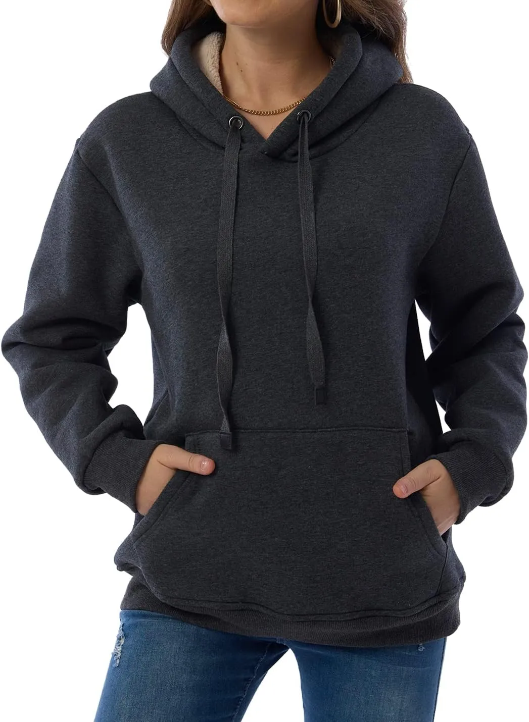 Gnveub Women's Casual Winter Warm Fleece Sherpa Lined Hooded Sweatshirt Thick Pullover Plus with Pockets