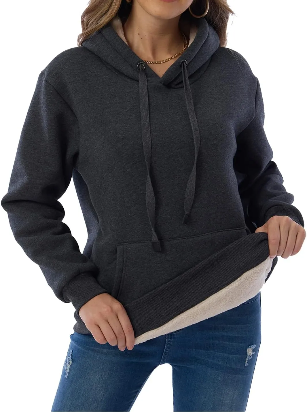 Gnveub Women's Casual Winter Warm Fleece Sherpa Lined Hooded Sweatshirt Thick Pullover Plus with Pockets