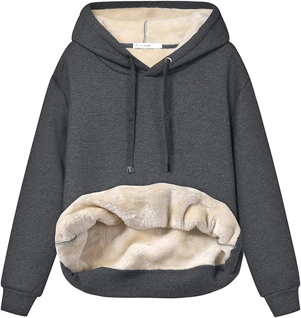 Gnveub Women's Casual Winter Warm Fleece Sherpa Lined Hooded Sweatshirt Thick Pullover Plus with Pockets