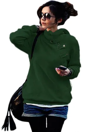 Green Button Zip Detail Warm Pocket Hoodie