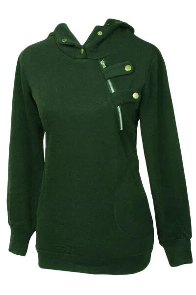 Green Button Zip Detail Warm Pocket Hoodie