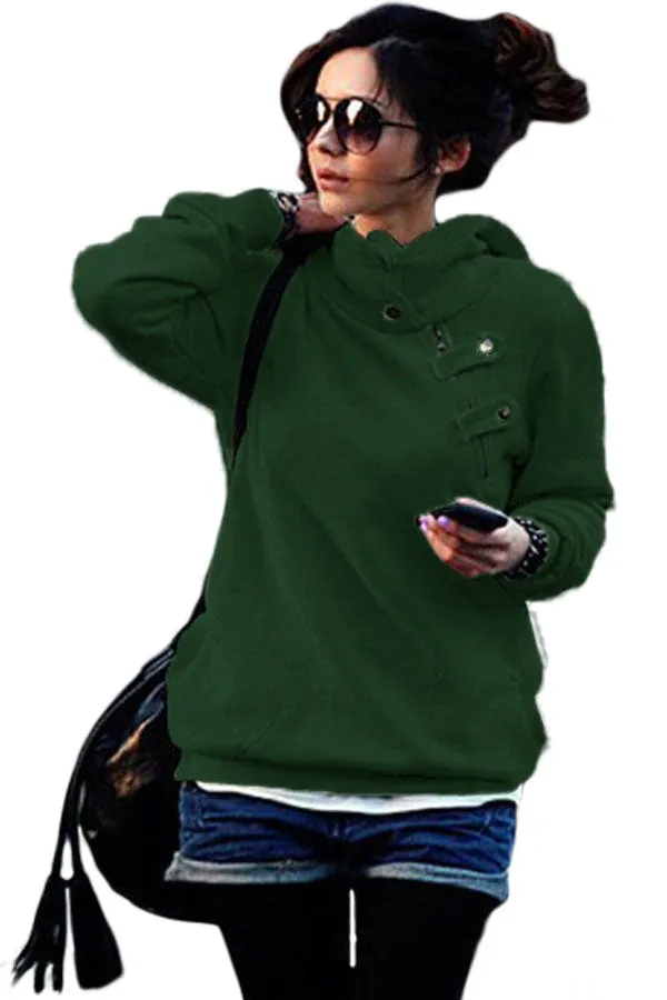 Green Button Zip Detail Warm Pocket Hoodie