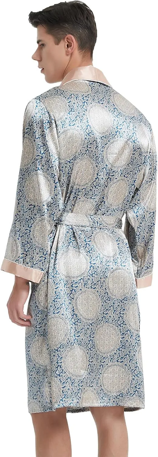 Haseil Men's Luxurious Kimono Robe with Shorts Silk Satin Bathrobes Lightweight Long Sleeve Sleepwear Set