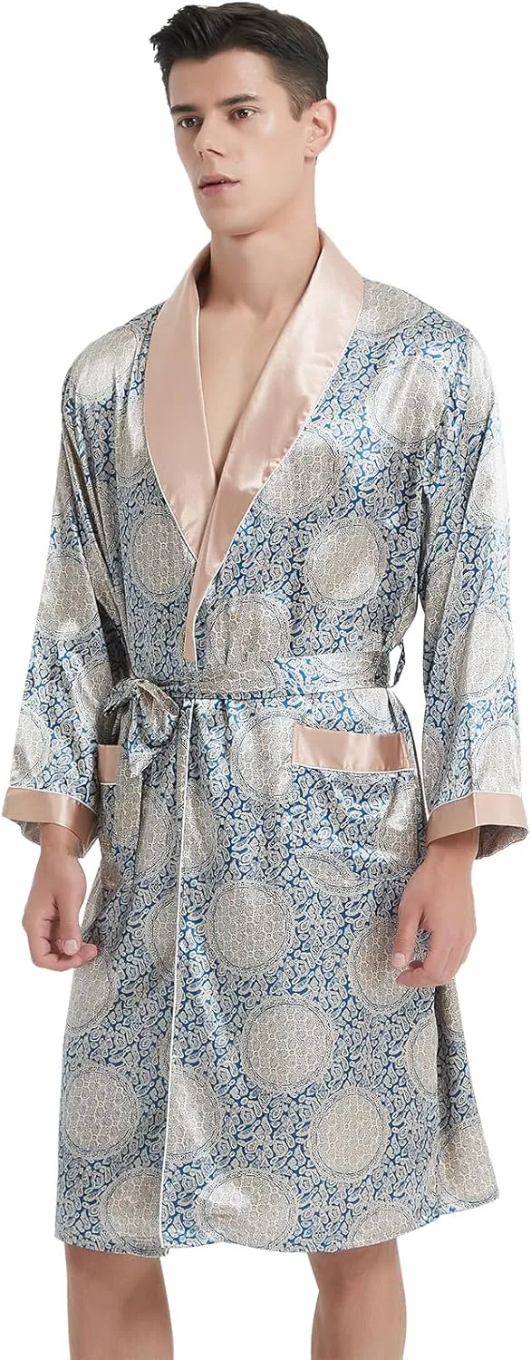 Haseil Men's Luxurious Kimono Robe with Shorts Silk Satin Bathrobes Lightweight Long Sleeve Sleepwear Set