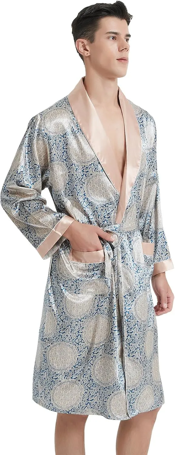 Haseil Men's Luxurious Kimono Robe with Shorts Silk Satin Bathrobes Lightweight Long Sleeve Sleepwear Set