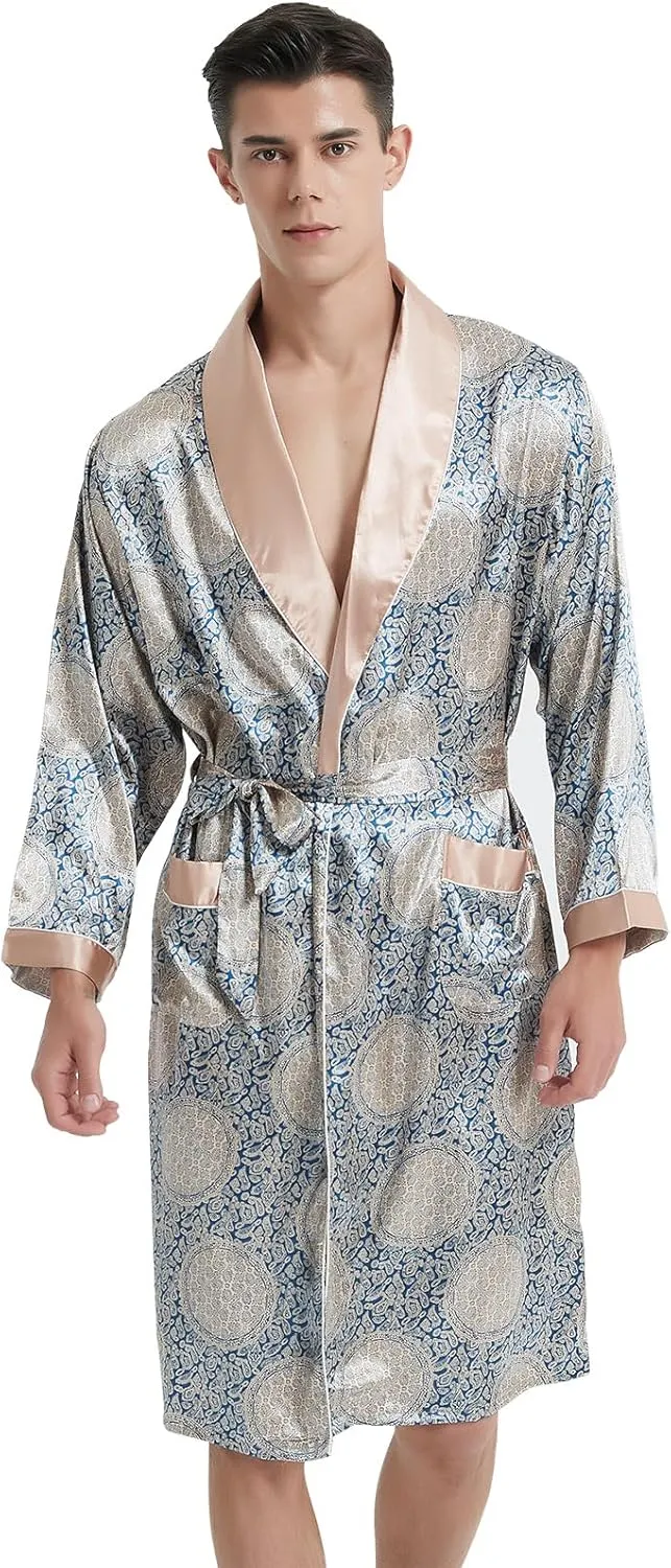 Haseil Men's Luxurious Kimono Robe with Shorts Silk Satin Bathrobes Lightweight Long Sleeve Sleepwear Set