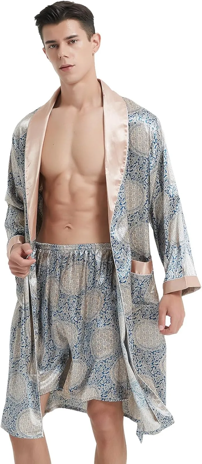 Haseil Men's Luxurious Kimono Robe with Shorts Silk Satin Bathrobes Lightweight Long Sleeve Sleepwear Set