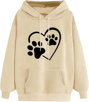 Heart Print Hoodies for Women Drawstring Long Sleeve Cute Oversized Sweatshirt Dog Paw Print Graphic Pullover Tops