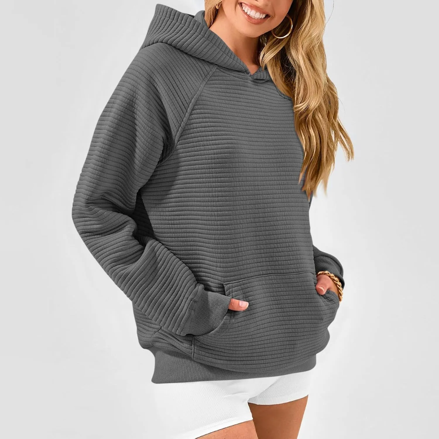 Hoodies for Women Loose Fleece Raglan Long Sleeve Hooded Sweatshirts Casual Comfy Jacquard Pullover with Pockets