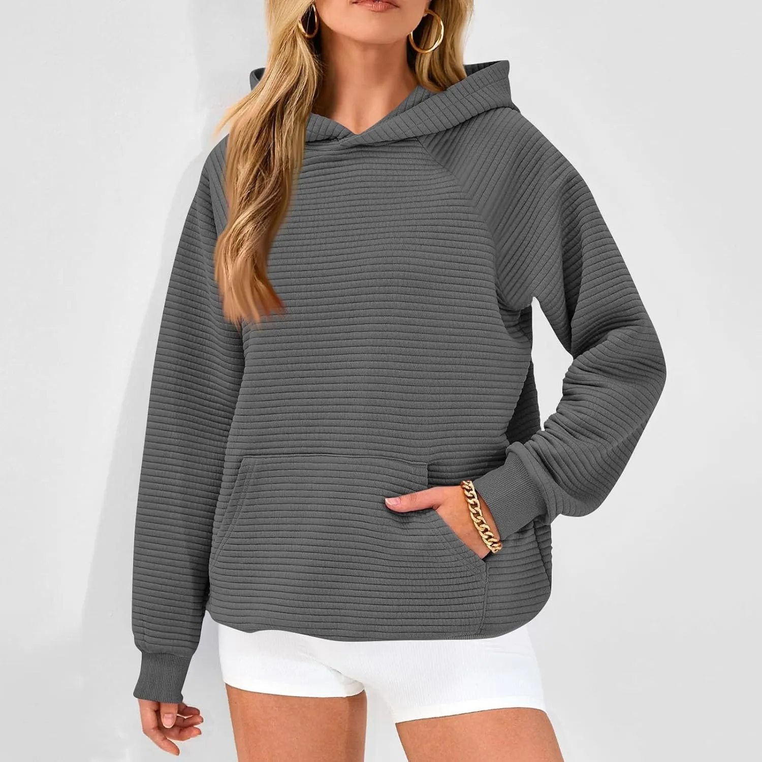 Hoodies for Women Loose Fleece Raglan Long Sleeve Hooded Sweatshirts Casual Comfy Jacquard Pullover with Pockets