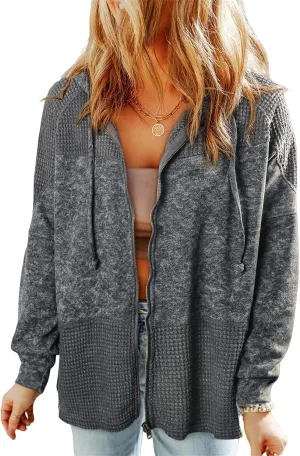 Jacket Women Waffle Knit Hoodies Zip Up Oversized Hoodie Shackets Drawstring Fall Casual Trendy Clothing Jackets