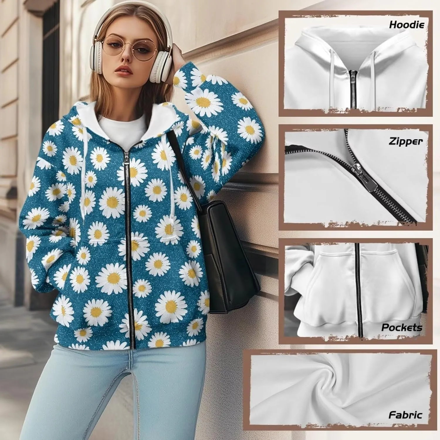 JEOCODY Zip Up Hoodie Women Oversized Hoodie Casual Long Sleeve Graphic Jackets with Pockets Zipper Drawstring