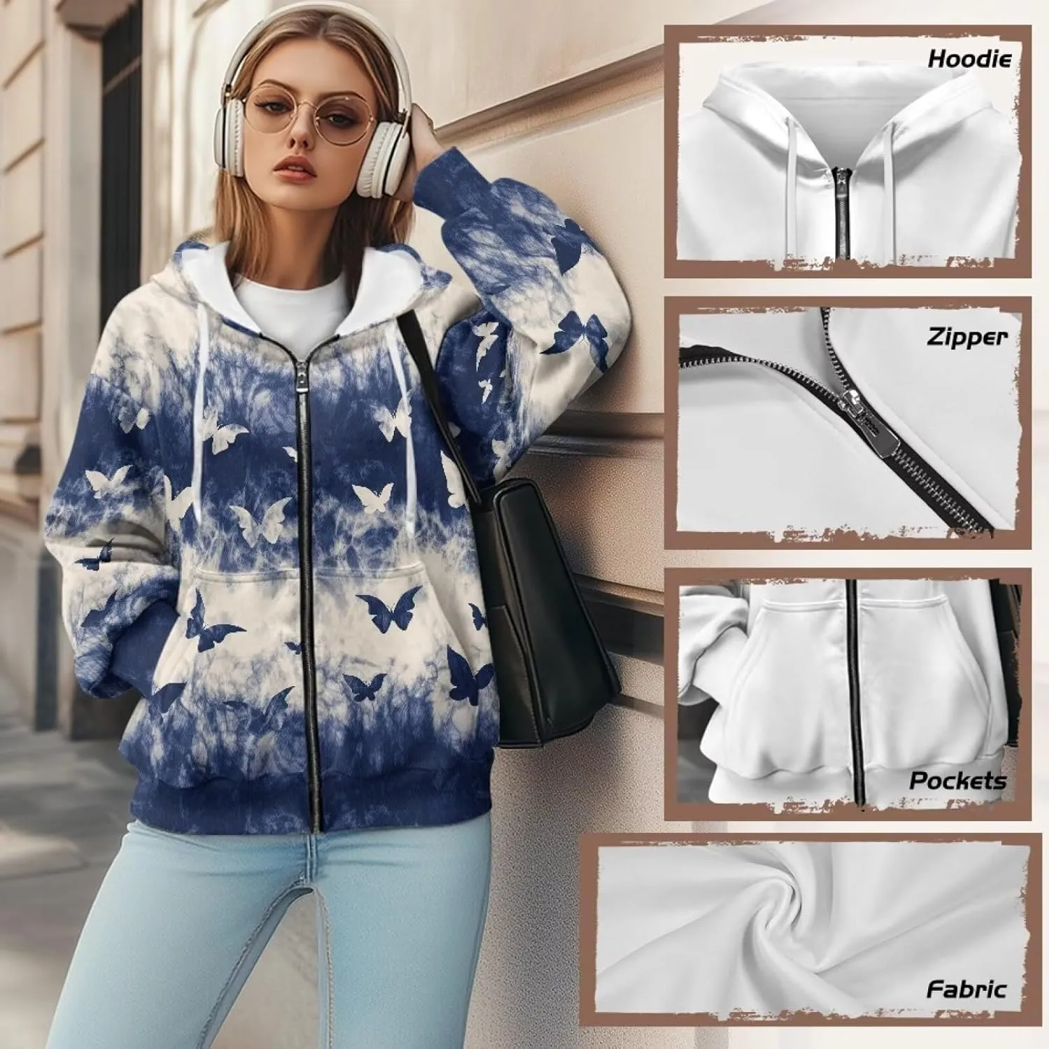 JEOCODY Zip Up Hoodie Women Oversized Hoodie Casual Long Sleeve Graphic Jackets with Pockets Zipper Drawstring