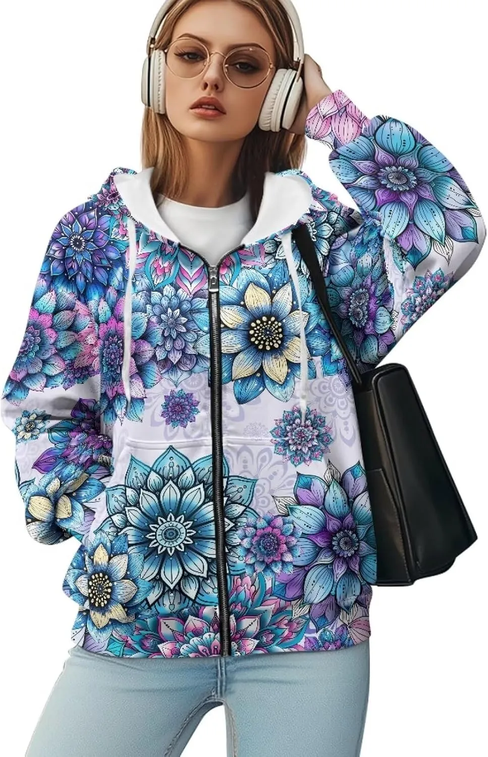 JEOCODY Zip Up Hoodie Women Oversized Hoodie Casual Long Sleeve Graphic Jackets with Pockets Zipper Drawstring