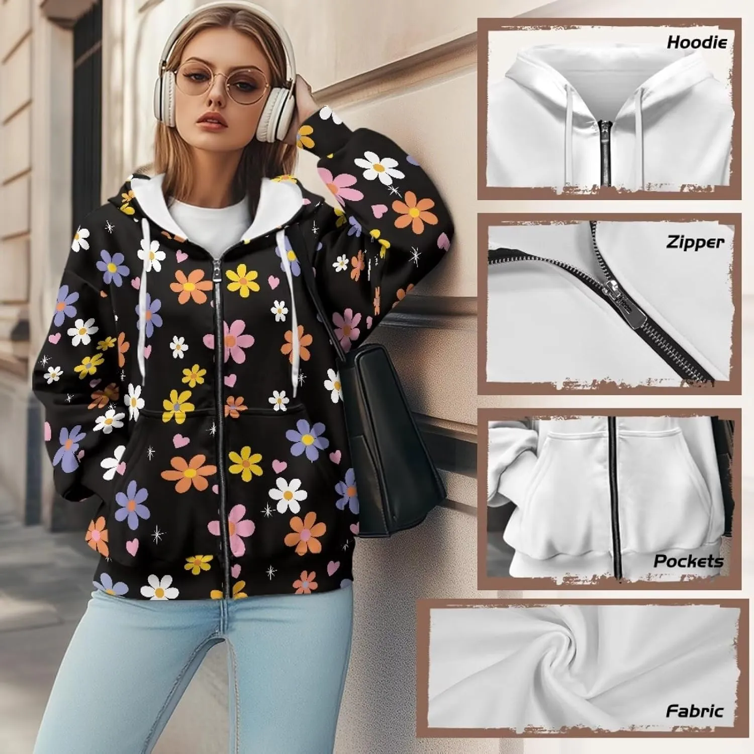 JEOCODY Zip Up Hoodie Women Oversized Hoodie Casual Long Sleeve Graphic Jackets with Pockets Zipper Drawstring