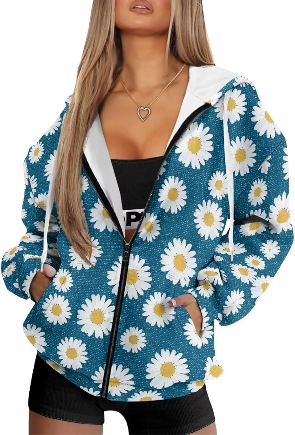 JEOCODY Zip Up Hoodie Women Oversized Hoodie Casual Long Sleeve Graphic Jackets with Pockets Zipper Drawstring