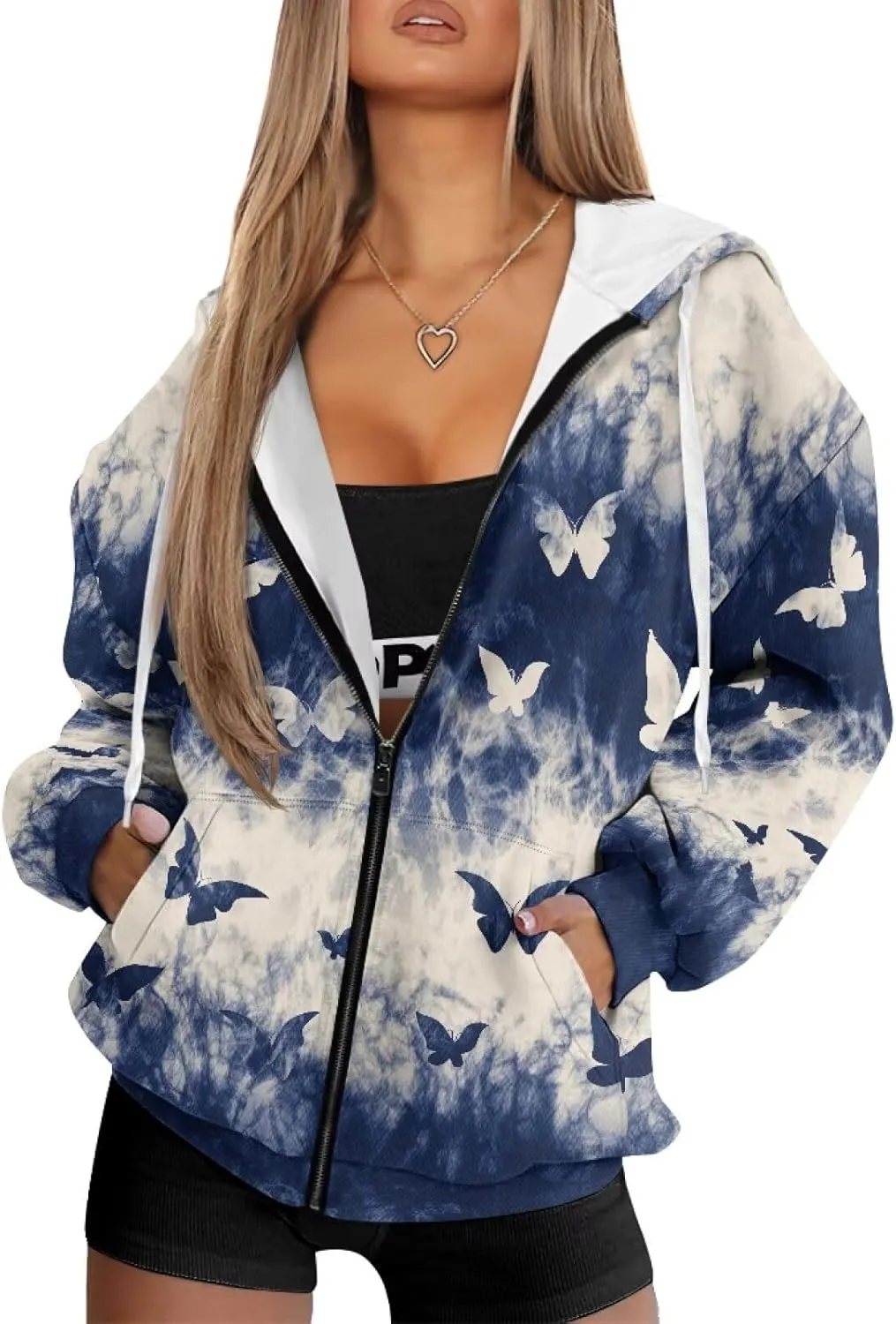 JEOCODY Zip Up Hoodie Women Oversized Hoodie Casual Long Sleeve Graphic Jackets with Pockets Zipper Drawstring