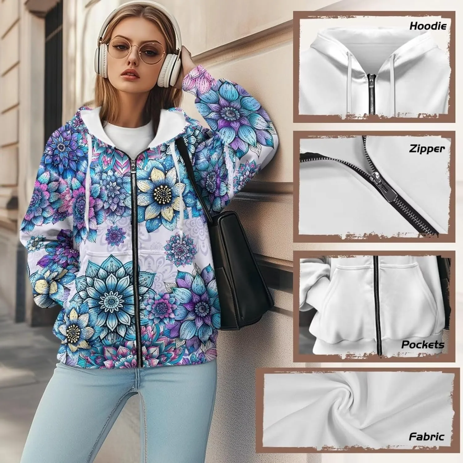 JEOCODY Zip Up Hoodie Women Oversized Hoodie Casual Long Sleeve Graphic Jackets with Pockets Zipper Drawstring