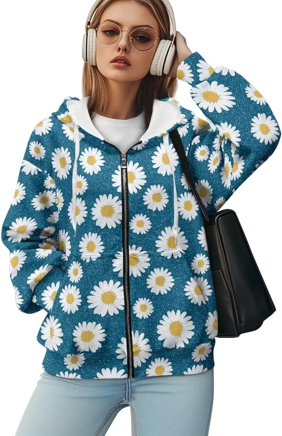 JEOCODY Zip Up Hoodie Women Oversized Hoodie Casual Long Sleeve Graphic Jackets with Pockets Zipper Drawstring