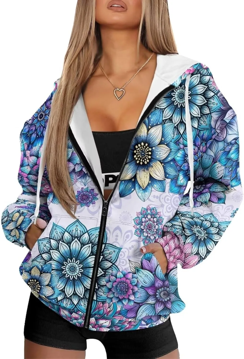 JEOCODY Zip Up Hoodie Women Oversized Hoodie Casual Long Sleeve Graphic Jackets with Pockets Zipper Drawstring
