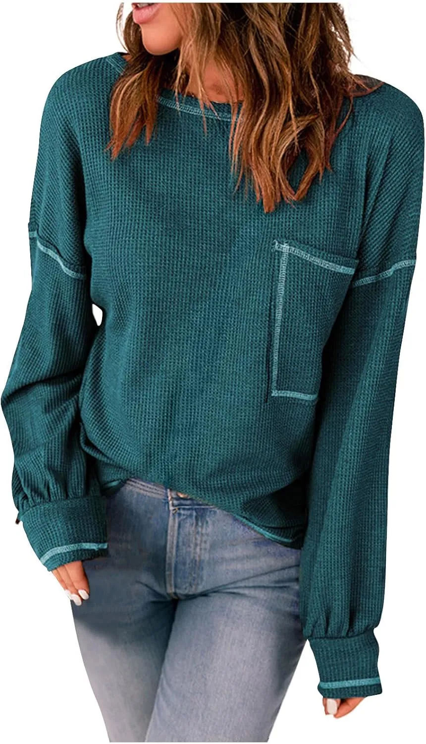 jovati 2024 Fall Fashion Versatile Clothes Womens Casual Crewneck Long Sleeve Shirt Loose Comfy Work Blouse With Pockets