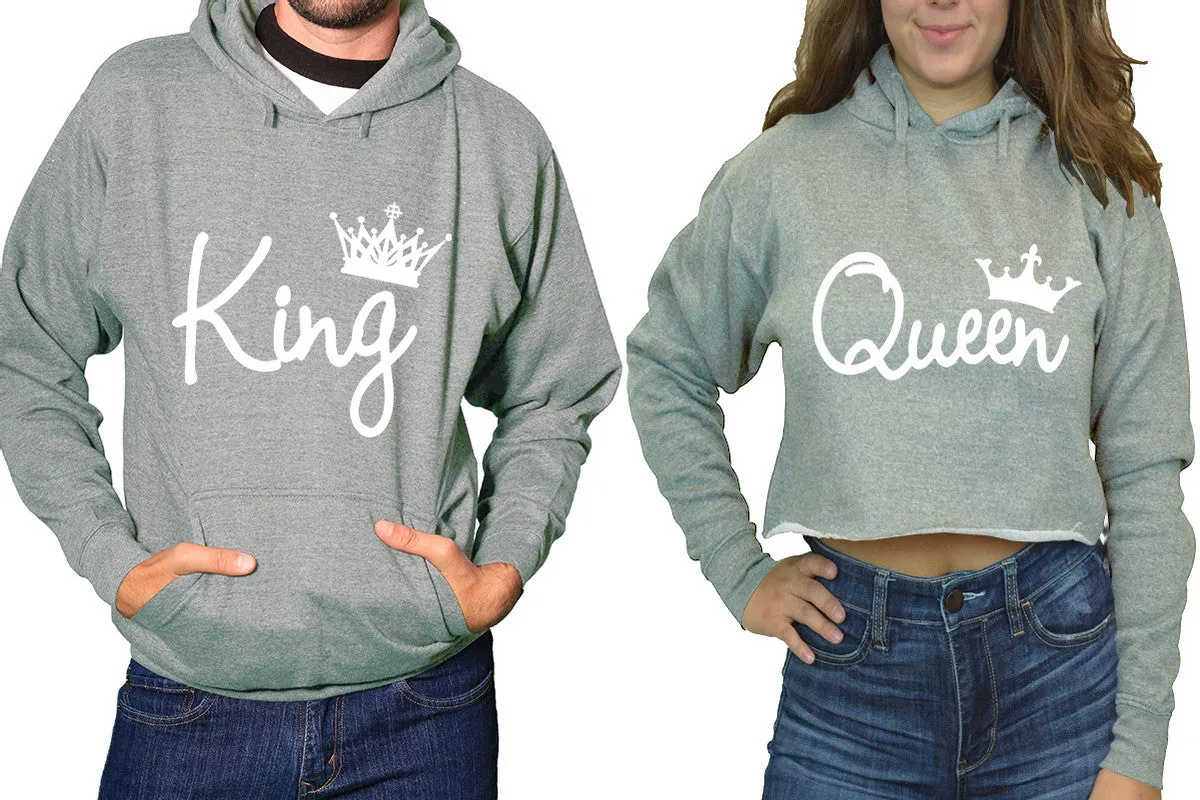 King & Queen Matching Pullover Hoodie for Men, Crop Top Hoodie for Women – Sold Separately