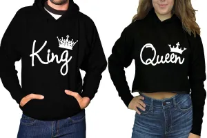 King & Queen Matching Pullover Hoodie for Men, Crop Top Hoodie for Women – Sold Separately
