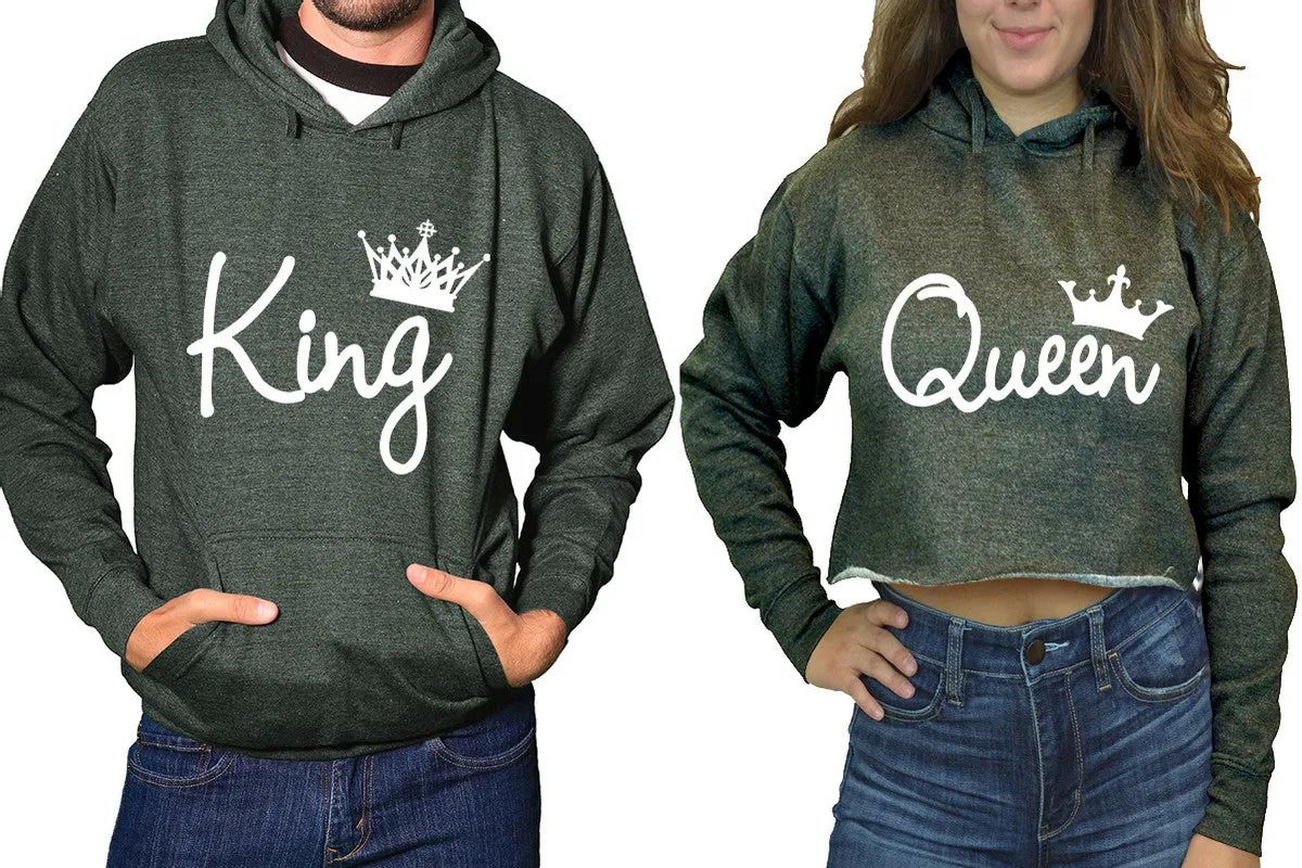 King & Queen Matching Pullover Hoodie for Men, Crop Top Hoodie for Women – Sold Separately