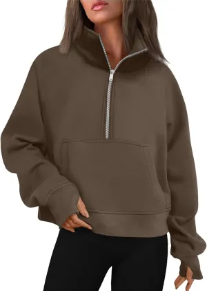 Ladies Stand Collar Hoodie Trendy Plus Fleece Sweatshirt 2024 Solid Color Loose Long Sleeve Comfy Slim Half Zip Pullover